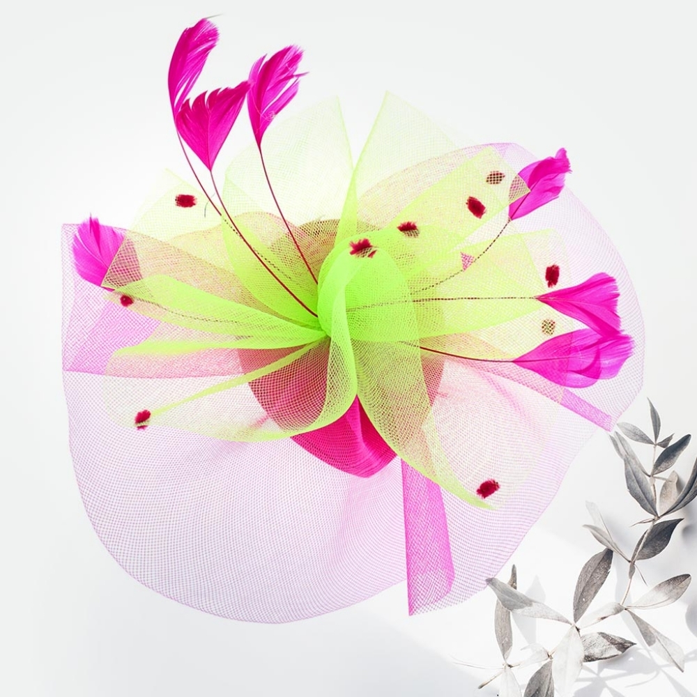Pink Green Ombre Feather Dotted Fascinator 2 Tone Dressy Derby Church Hat Women